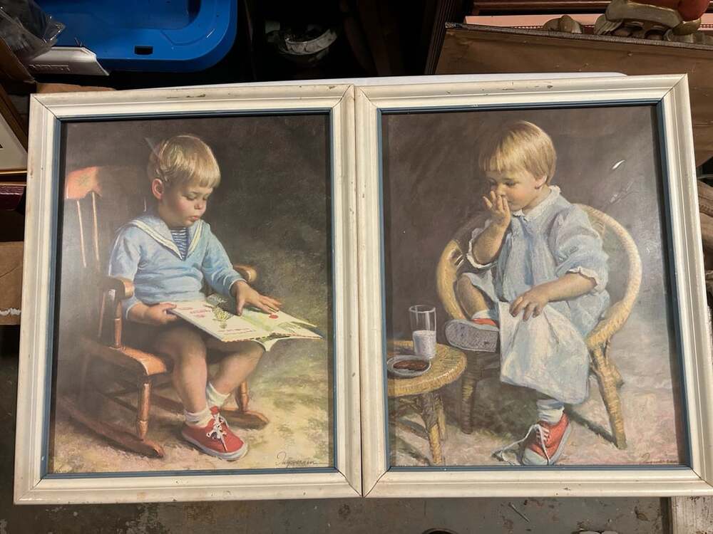 Vintage James Ingwersen Gary and Gretchen Framed Prints Set of 2 Boy and Girl